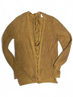 Open-Front Mustard Cable-Detail Knit Cardigan